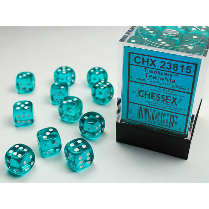 CHX23815 Teal Translucent D6 Dice White Pips 12mm Pack of 36 (ONLINE ORDER ONLY)