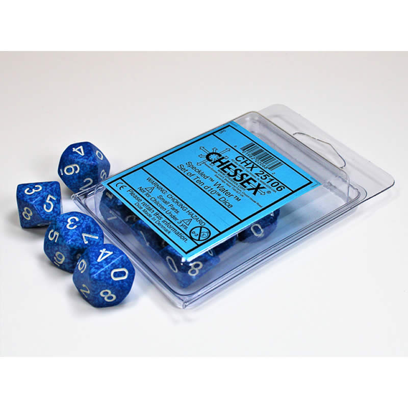 CHX25106 Water Speckled Dice White Numbers D10 16mm (5/8in) Set of 10 (ONLINE ORDER ONLY)