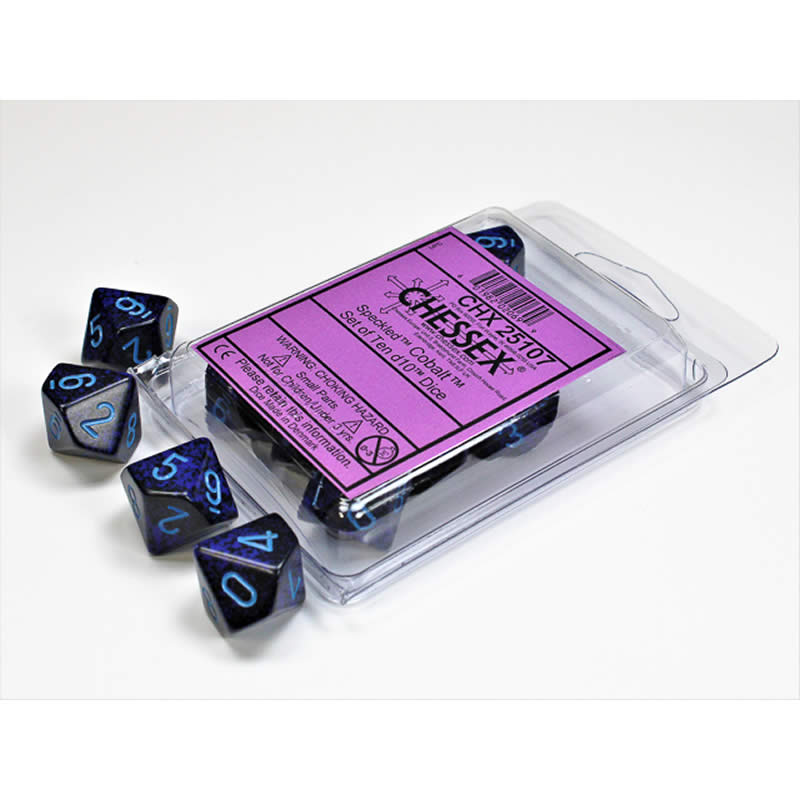 CHX25107 Cobalt Speckled Dice Blue Numbers D10 16mm (5/8in) Set of 10 (ONLINE ORDER ONLY)