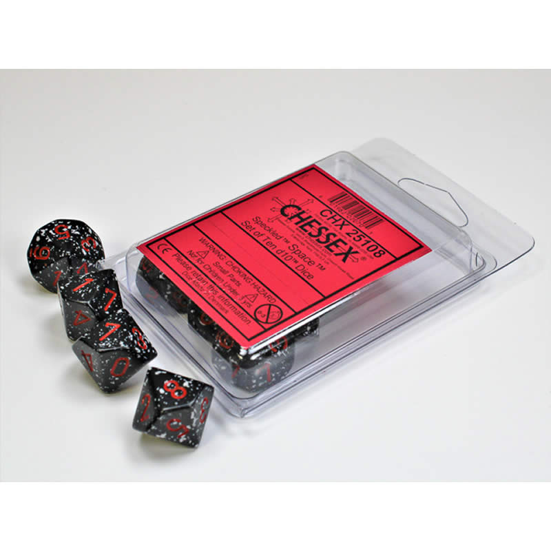 CHX25108 Space Speckled Dice Red Numbers D10 16mm (5/8in) Set of 10 (ONLINE ORDER ONLY)