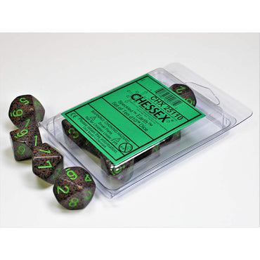 CHX25110 Earth Speckled Dice Green Numbers D10 16mm (5/8in) Set of 10 (ONLINE ORDER ONLY)