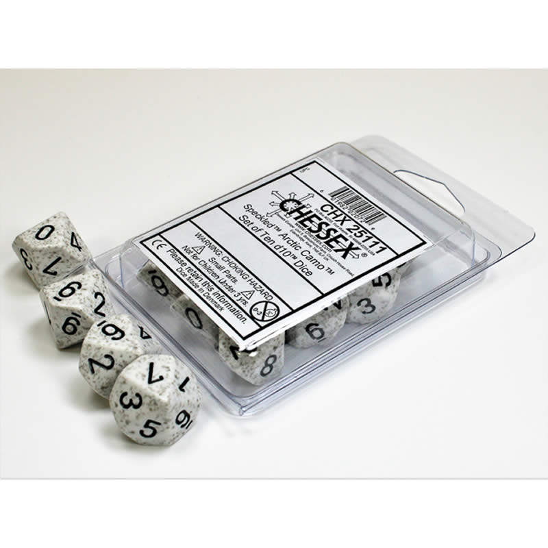 CHX25111 Arctic Camo Speckled Dice Black Numbers D10 16mm (5/8in) Set of 10 (ONLINE ORDER ONLY)