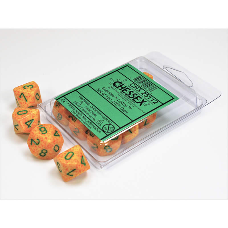 CHX25112 Lotus Speckled Dice Green Numbers D10 16mm (5/8in) Set of 10 (ONLINE ORDER ONLY)