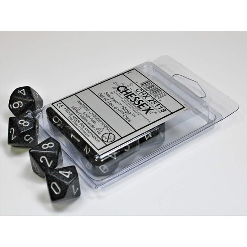 CHX25118 Ninja Speckled Dice Silver Numbers D10 16mm (5/8in) Set of 10 (ONLINE ORDER ONLY)
