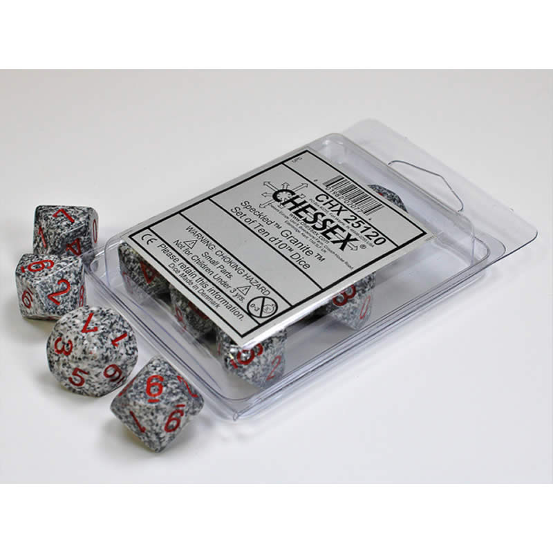 CHX25120 Granite Speckled Dice Red Numbers D10 16mm (5/8in) Set of 10 (ONLINE ORDER ONLY)