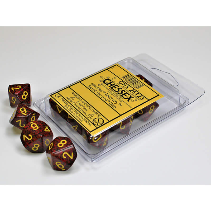 CHX25123 Mercury Speckled Dice Yellow Numbers D10 16mm Set of 10 (ONLINE ORDER ONLY)