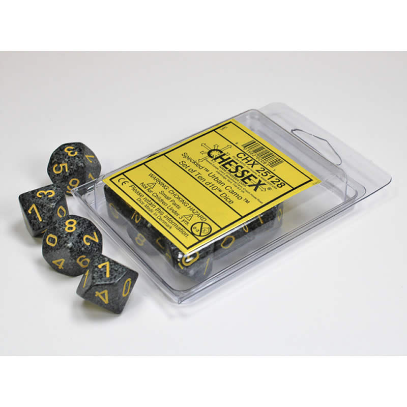 CHX25128 Urban Camo Speckled Dice Yellow Numbers D10 16mm Set of 10 (ONLINE ORDER ONLY)