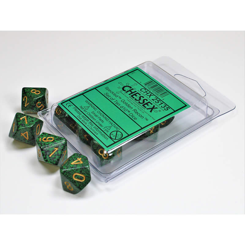 CHX25135 Golden Recon Speckled Dice Gold Numbers D10 16mm Set of 10 (ONLINE ORDER ONLY)