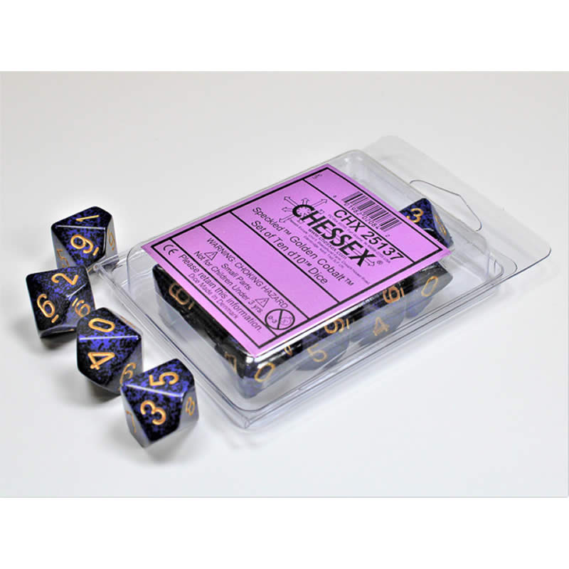 CHX25137 Golden Cobalt Speckled Dice Gold Numbers D10 16mm Set of 10 (ONLINE ORDER ONLY)