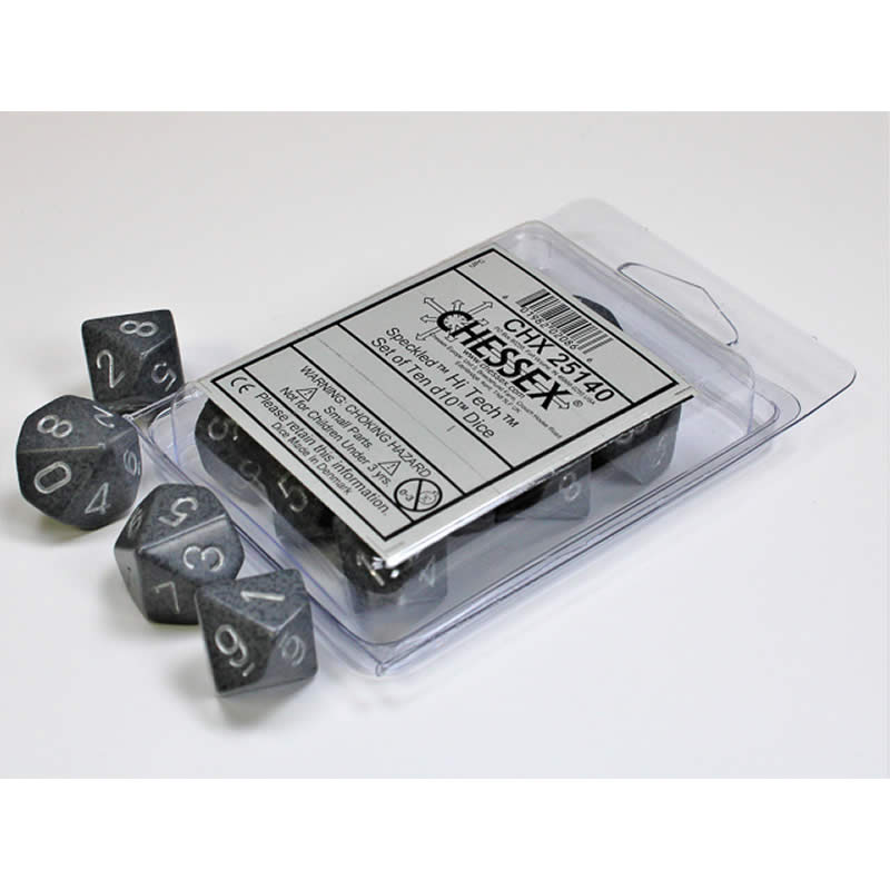 CHX25140 Hi Tech Speckled Dice Silver Numbers D10 16mm Set of 10 (ONLINE ORDER ONLY)