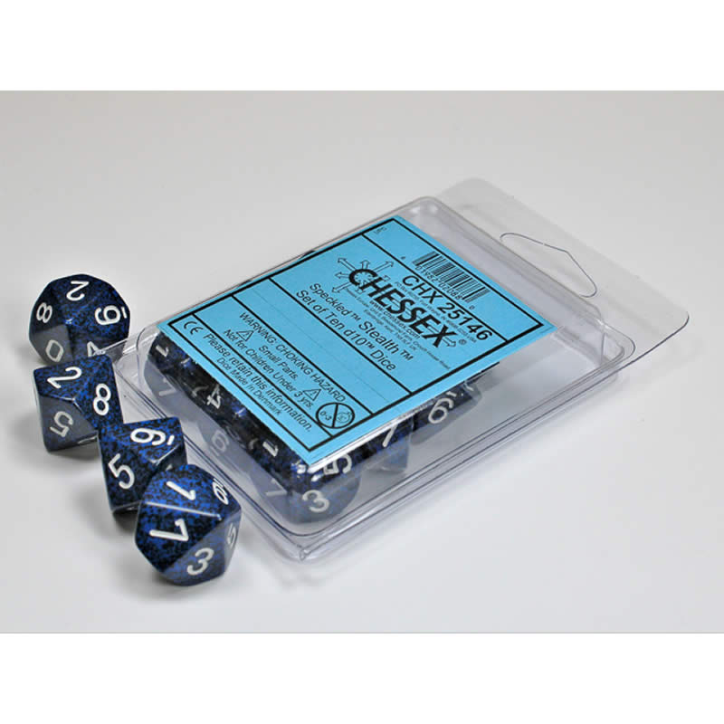 CHX25146 Stealth Speckled Dice White Numbers D10 16mm Set of 10 (ONLINE ORDER ONLY)