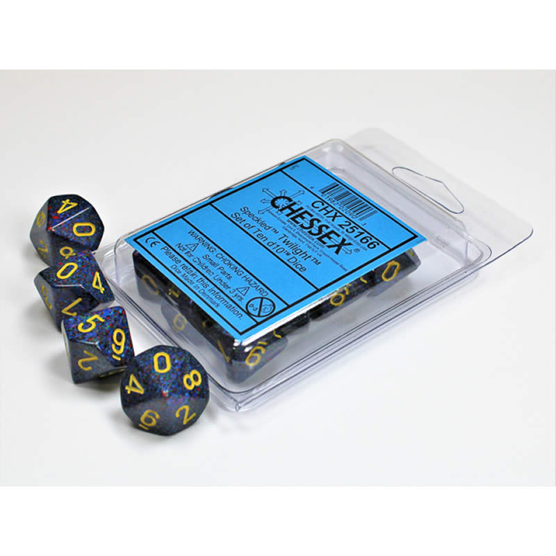 CHX25166 Twilight Speckled Dice Yellow Numbers D10 16mm Set of 10 (ONLINE ORDER ONLY)