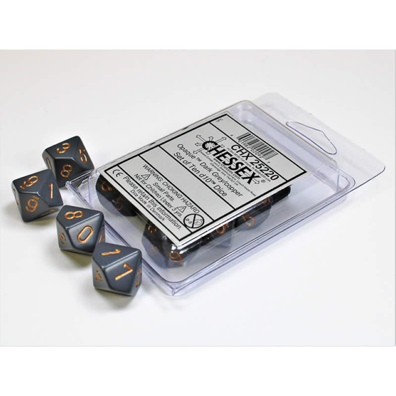 CHX25220 Dark Grey Opaque Dice Copper Numbers D10 16mm Set of 10 (ONLINE ORDER ONLY)