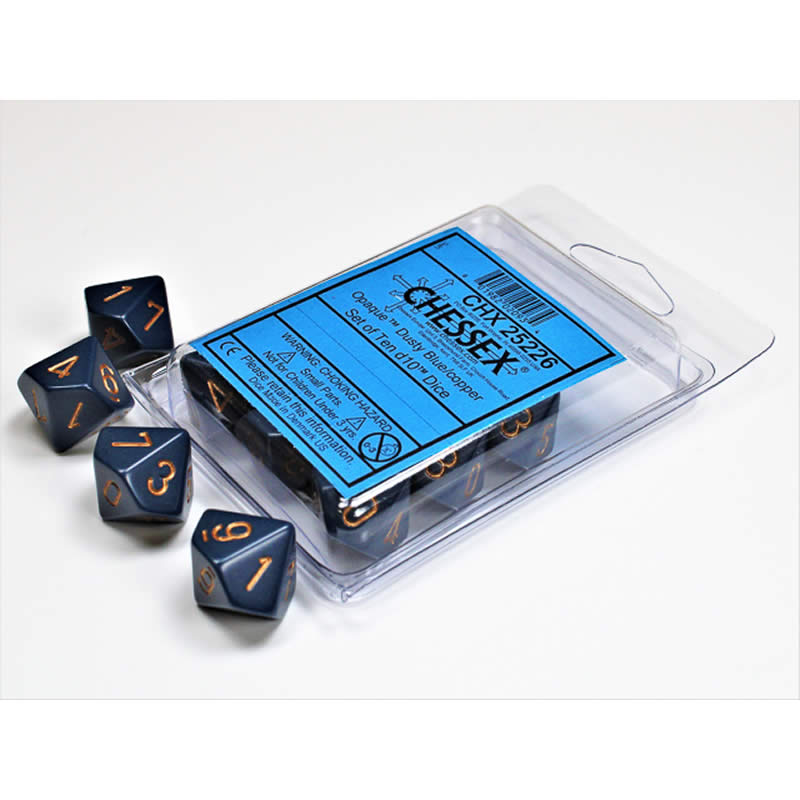 CHX25226 Dusty Blue Opaque Dice Copper Numbers D10 16mm Set of 10 (ONLINE ORDER ONLY)