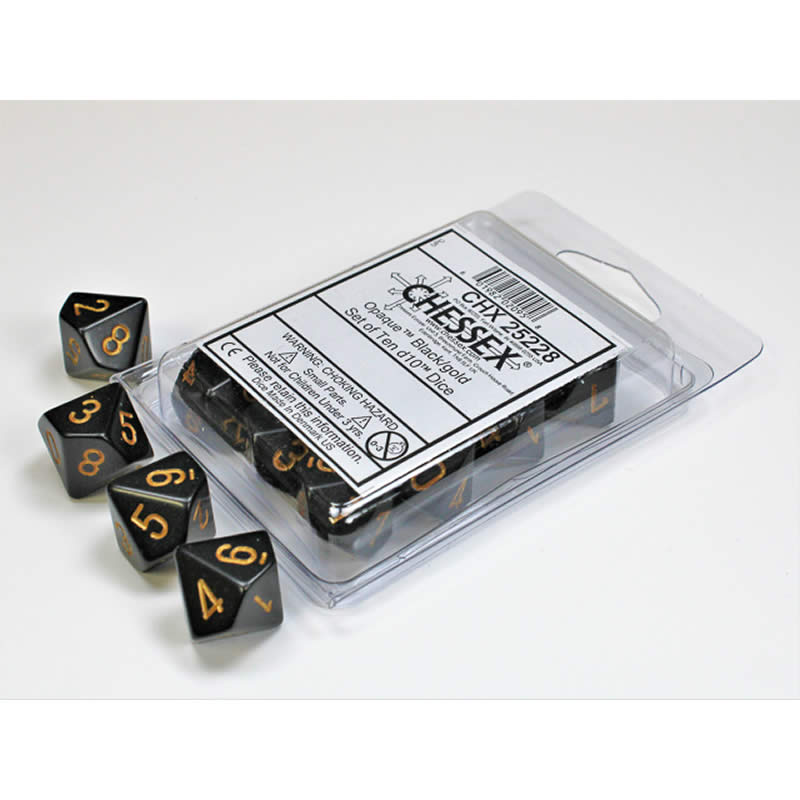 CHX25228 Black Opaque Dice Gold Numbers D10 16mm (5/8in) Set of 10 (ONLINE ORDER ONLY)