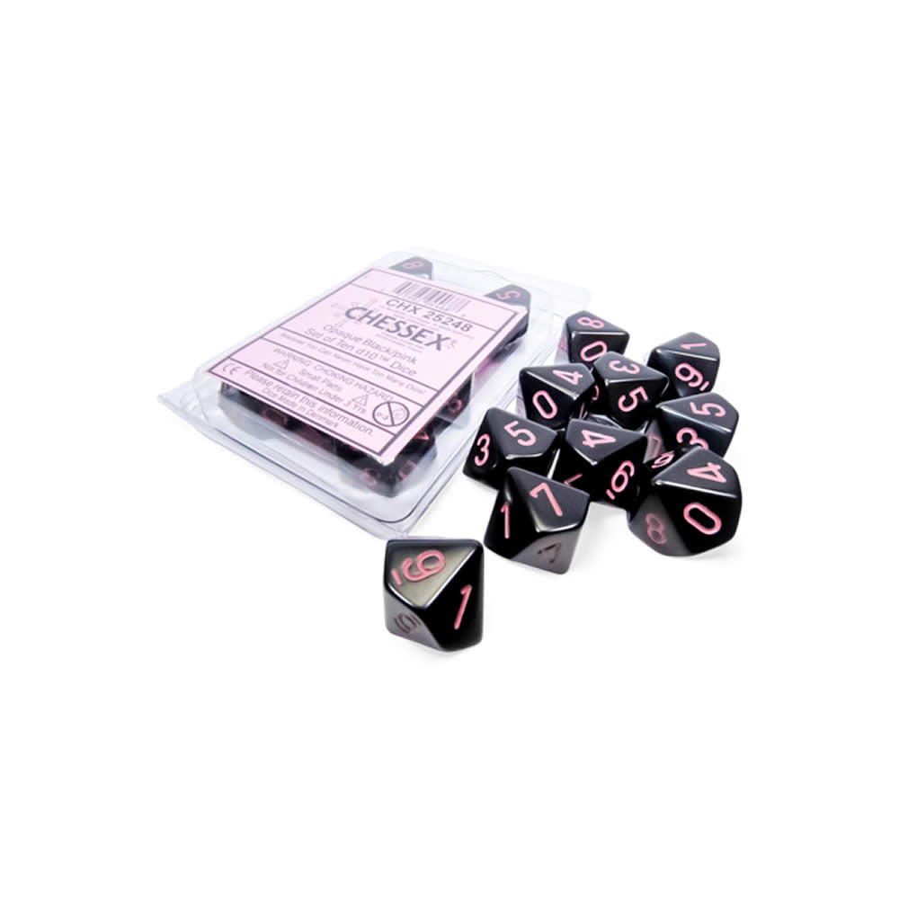 CHX25248 Black Opaque Dice with Pink Numbers D10 Aprox 16mm (5/8in) Set of 10 (ONLINE ORDER ONLY)