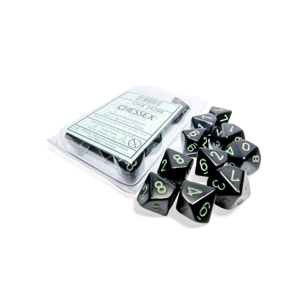 CHX25258 Black Opaque Dice with Green Numbers D10 Aprox 16mm (5/8in) Set of 10 (ONLINE ORDER ONLY)