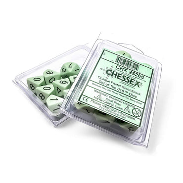 CHX25265 Green Pastel Dice with Black Numbers D10 Aprox 16mm (5/8in) Set of 10 (ONLINE ORDER ONLY)