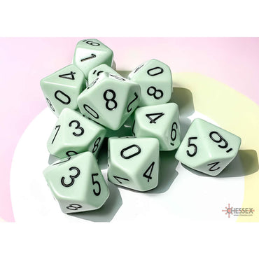 CHX25265 Green Pastel Dice with Black Numbers D10 Aprox 16mm (5/8in) Set of 10 (ONLINE ORDER ONLY)