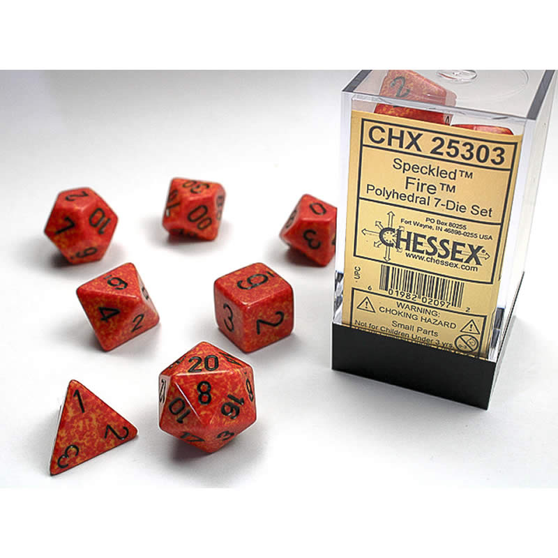 CHX25303 Fire Speckled Dice with Black Numbers 16mm (5/8in) Set of 7 (ONLINE ORDER ONLY)