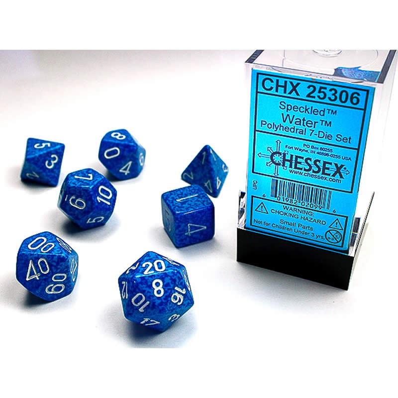 CHX25306 Water Speckled Dice with White Numbers 16mm (5/8in) Set of 7 (ONLINE ORDER ONLY)