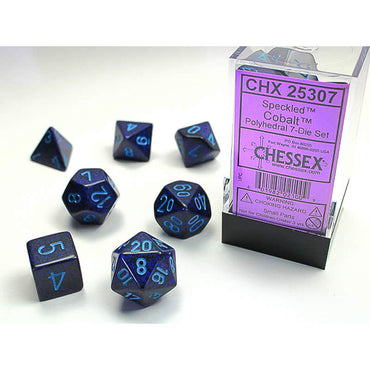 CHX25307 Cobalt Speckled Dice with Blue Numbers 16mm (5/8in) Set of 7 (ONLINE ORDER ONLY)