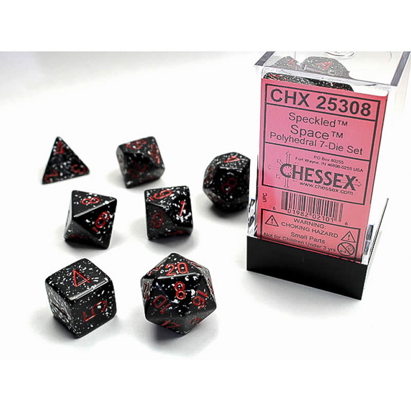 CHX25308 Space Speckled Dice with Red Numbers 16mm (5/8in) Set of 7 (ONLINE ORDER ONLY)