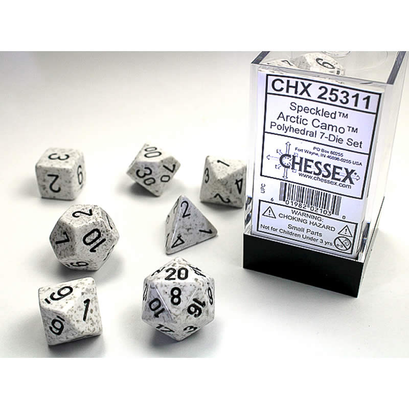 CHX25311 Arctic Camo Speckled Dice Black Numbers 16mm (5/8in) Set of 7 (ONLINE ORDER ONLY)