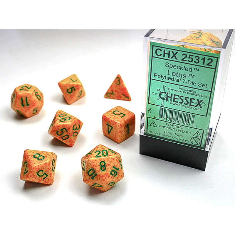 CHX25312 Lotus Speckled Dice with Green Numbers 16mm (5/8in) Set of 7 (ONLINE ORDER ONLY)