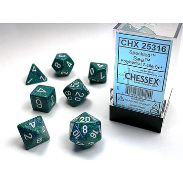 CHX25316 Sea Speckled Dice with White Numbers 16mm (5/8in) Set of 7 (ONLINE ORDER ONLY)