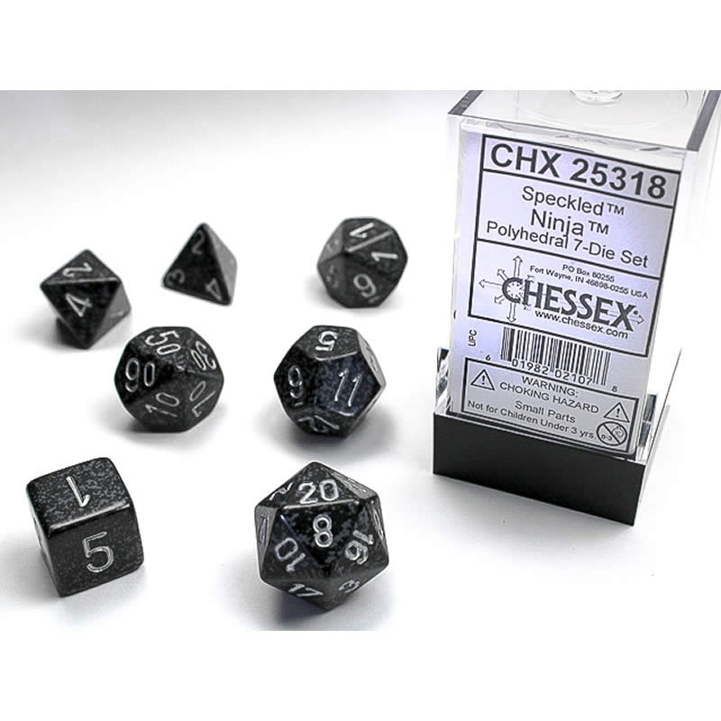 CHX25318 Ninja Speckled Dice with Silver Numbers 16mm (5/8in) Set of 7 (ONLINE ORDER ONLY)
