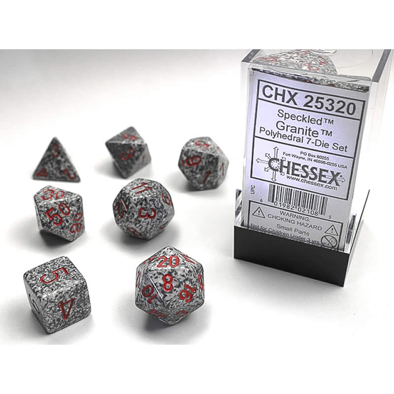 CHX25320 Granite Speckled Dice with Red Numbers 16mm (5/8in) Set of 7 (ONLINE ORDER ONLY)