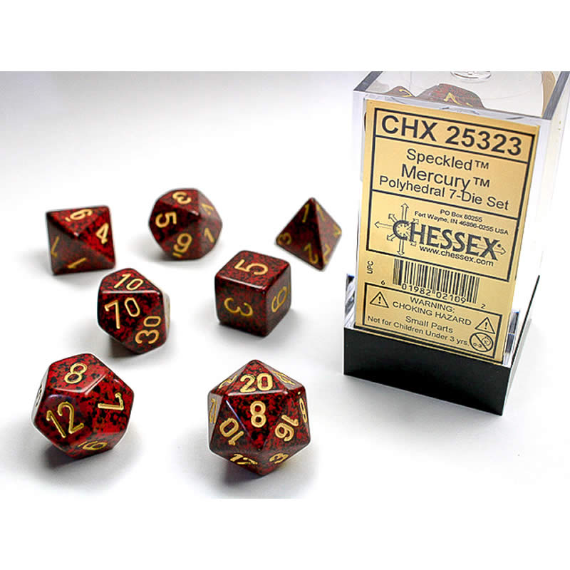 CHX25323 Mercury Speckled Dice Yellow Numbers 16mm (5/8in) Set of 7 (ONLINE ORDER ONLY)