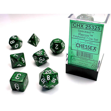 CHX25325 Recon Speckled Dice with White Numbers 16mm (5/8in) Set of 7 (ONLINE ORDER ONLY)