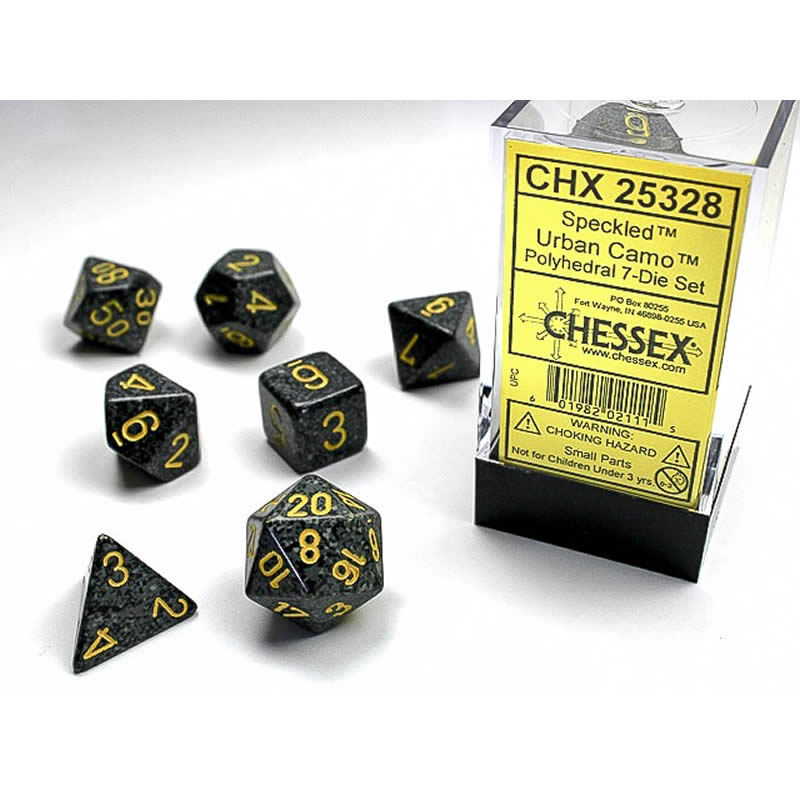 CHX25328 Urban Camo Speckled Dice Yellow Numbers 16mm Set of 7 (ONLINE ORDER ONLY)