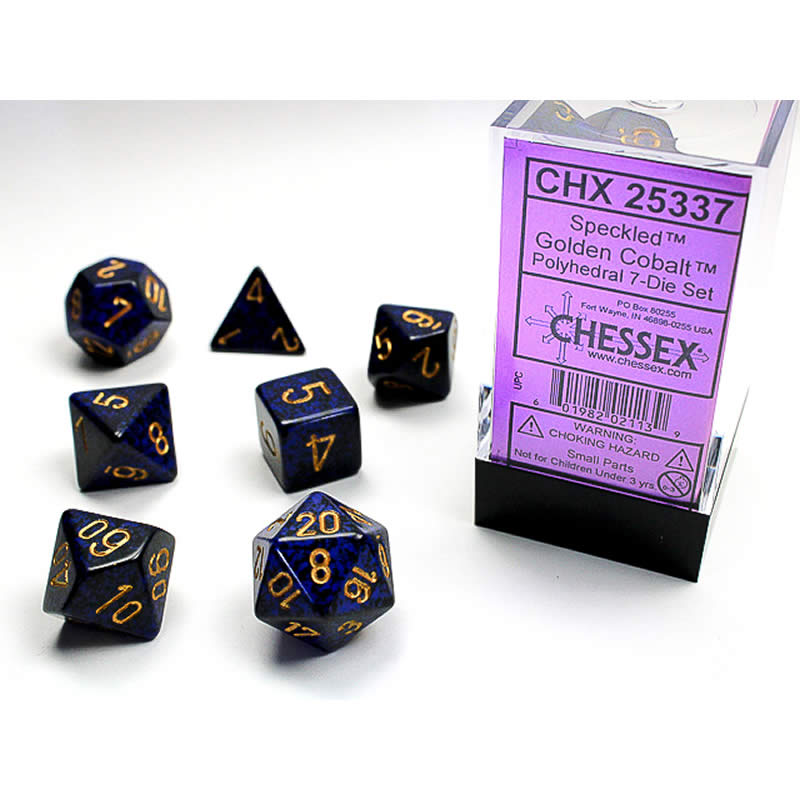 CHX25337 Golden Colbalt Speckled Dice Gold Numbers 16mm Set of 7 (ONLINE ORDER ONLY)
