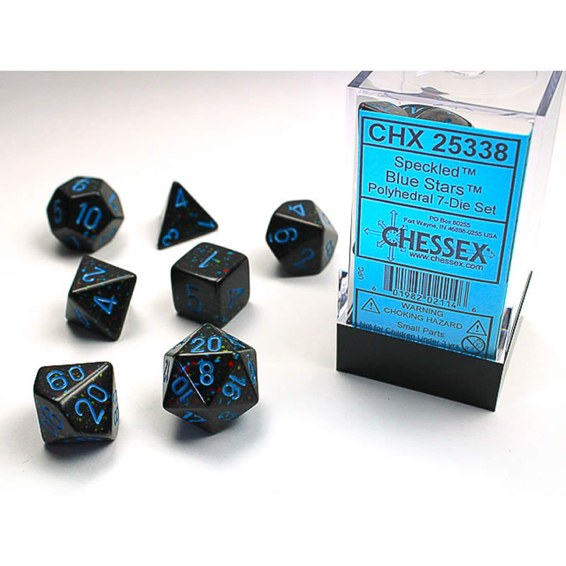 CHX25338 Blue Stars Speckled Dice Blue Numbers 16mm (5/8in) Set of 7 (ONLINE ORDER ONLY)