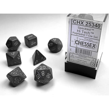 CHX25340 High Tech Speckled Dice Silver Numbers 16mm (5/8in) Set of 7 (ONLINE ORDER ONLY)
