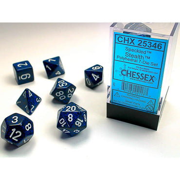 CHX25346 Stealth Speckled Dice with White Numbers 16mm (5/8in) Set of 7 (ONLINE ORDER ONLY)
