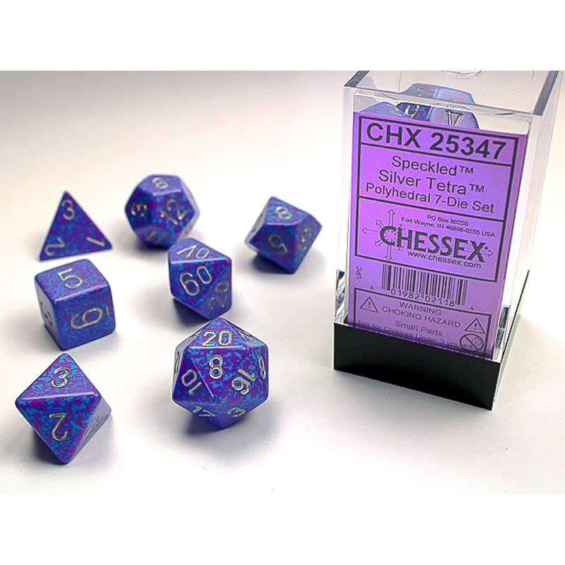 CHX25347 Silver Tetra Speckled Dice Silver Numbers 16mm (5/8in) Set of 7 (ONLINE ORDER ONLY)