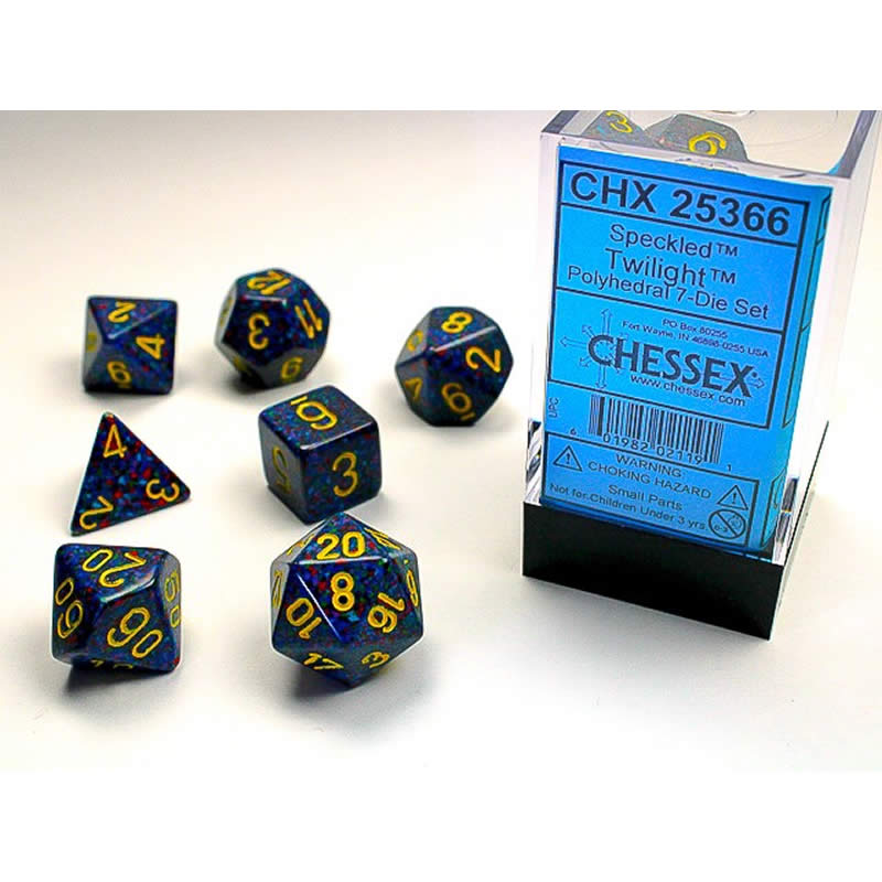 CHX25366 Twilight Speckled Dice Yellow Numbers 16mm (5/8in) Set of 7 (ONLINE ORDER ONLY)