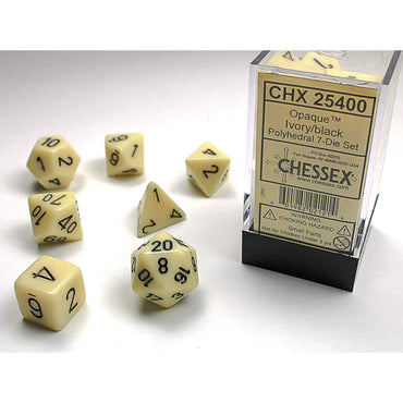 CHX25400 Ivory Opaque Dice with Black Numbers 16mm (5/8in) Set of 7 (ONLINE ORDER ONLY)