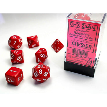 CHX25404 Red Opaque Dice with White Numbers 16mm (5/8in) Set of 7 (ONLINE ORDER ONLY)