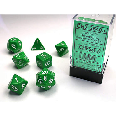 CHX25405 Green Opaque Dice with White Numbers 16mm (5/8in) Set of 7 (ONLINE ORDER ONLY)