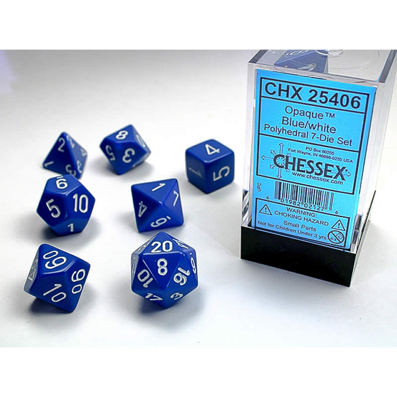 CHX25406 Blue Opaque Dice with White Numbers 16mm (5/8in) Set of 7 (ONLINE ORDER ONLY)