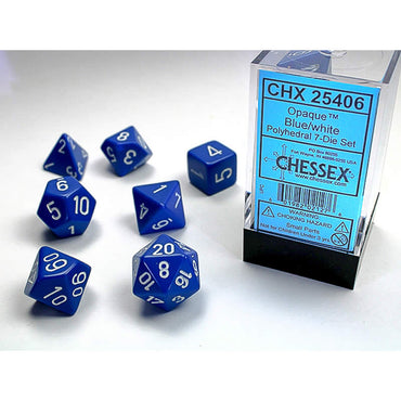 CHX25406 Blue Opaque Dice with White Numbers 16mm (5/8in) Set of 7 (ONLINE ORDER ONLY)