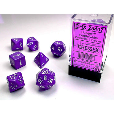 CHX25407 Purple Opaque Dice with White Numbers 16mm (5/8in) Set of 7 (ONLINE ORDER ONLY)