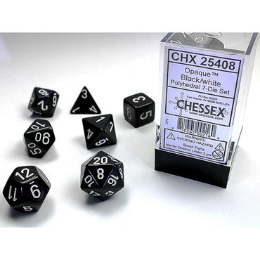 CHX25408 Black Opaque Dice with White Numbers 16mm (5/8in) Set of 7 (ONLINE ORDER ONLY)