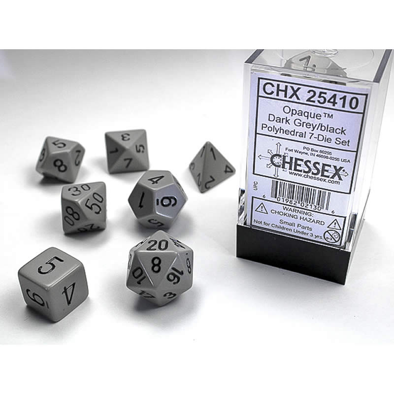 CHX25410 Dark Grey Opaque Dice Black Numbers 16mm (5/8in) Set of 7 (ONLINE ORDER ONLY)