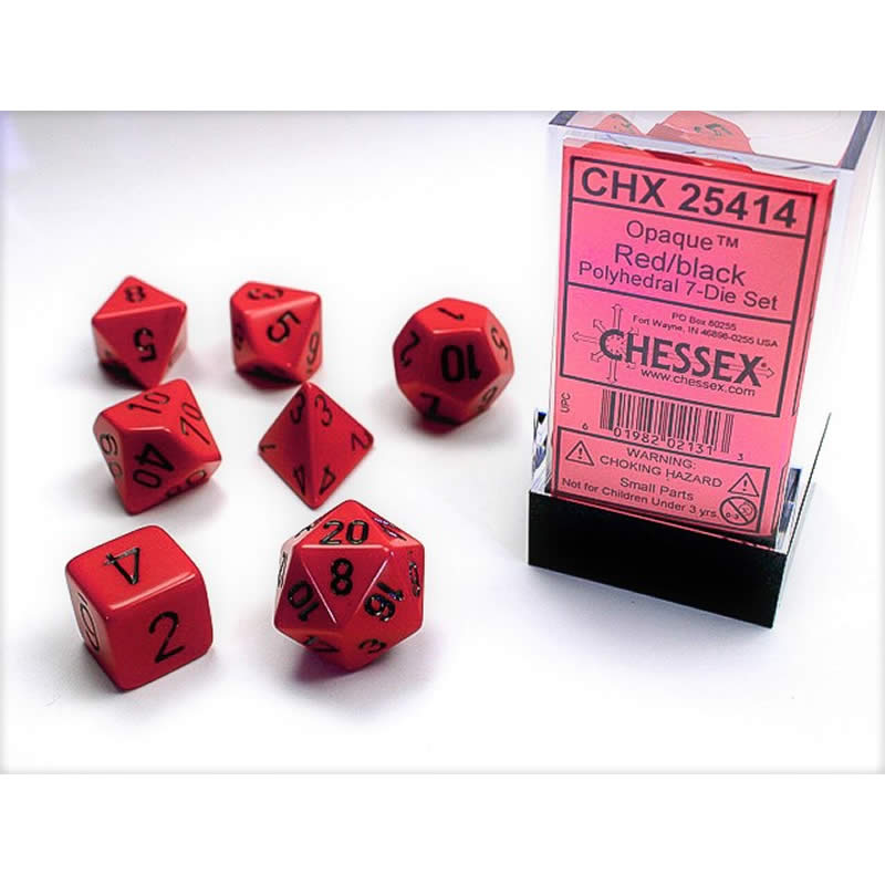 CHX25414 Red Opaque Dice with Black Numbers 16mm (5/8in) Set of 7 (ONLINE ORDER ONLY)